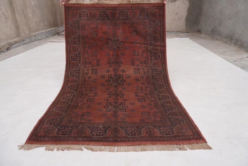 Antique Terracotta Rug 3'4x5'3" Turkmen Bukhara Rug, Handmade Afghan Wool Rug, Bedroom Rug, Office Rug, Kitchen Rug, Tribal Rug image 2