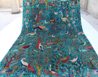 Dark Turquoise Rug 7x10 Afghan Custom Pictorial Rug, Hand Knotted Fine Wool Rug, Peacocks Birds Trees Art Rug, Oriental Rug, Kids Room Rug