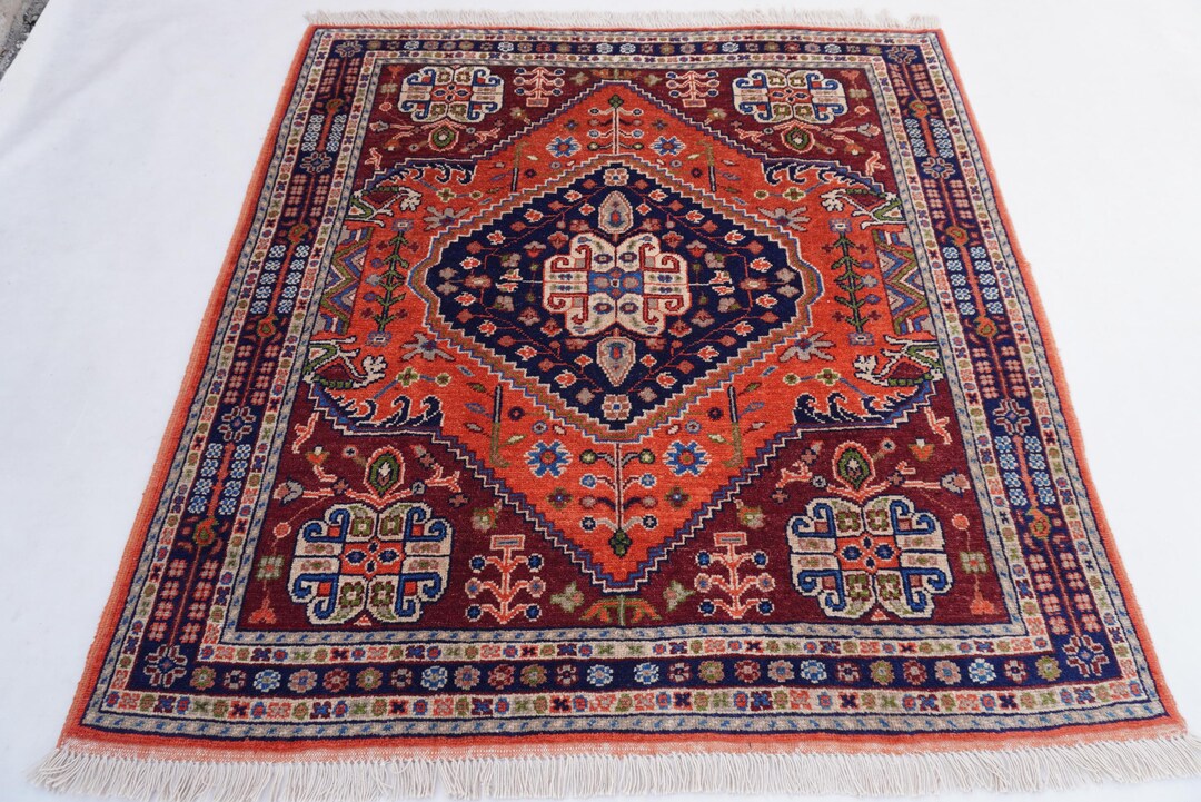 5x5 Orange Square Rug, Afghan Handmade Wool Rug, Turkmen Tribal Rug ...