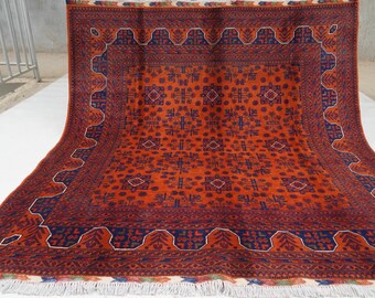 Orange Rug 7x7 Square Rug 6'7x6'10 ft Afghan Handmade Wool Rug, Top Quality Turkmen Bukhara Rug 200x205 cm Oriental Soft Rug, Bedroom Rug