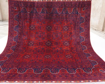 Red 7x7 Square Rug, Afghan Handmade Wool Area Rug, Top Quality Turkmen Bukhara Rug 200x200 cm Oriental Soft Rug, Living room Rug Bedroom Rug