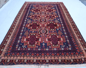 4x6 Geometric Antique rug, Afghan Tribal Rug 100% Handmade fine Wool rug, Oriental Vintage Baluchi rug, Bedroom, Living Room Dark Blue Black