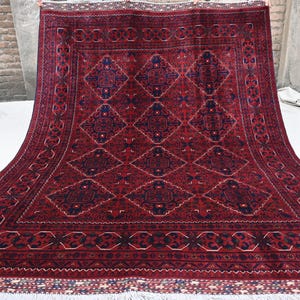 Antique Pattern 7x9 Kalisaye Area Rug, Afghan Handmade Wool Area Rug Soft Pile Red Turkmen Tribal Red Carpet 200x270 cm Oriental Bedroom Rug