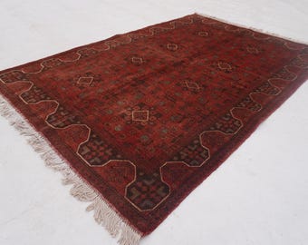 1990s Antique Rug, Terracotta Rug 4x6 Hand Knotted Rug, Low Pile Wool Rug, Tribal Bukhara Rug, Oriental Turkmen Rug, Bedroom Rug, Office Rug