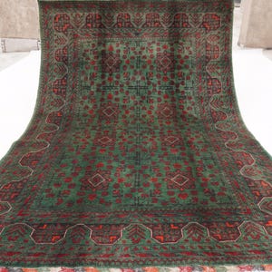 5x7 Green Rug, Afghan Handmade Wool Rug, Turkmen Tribal Bukhara Rug, Vintage Pattern Oriental Rug, Kitchen, Bedroom Rug, High Pile Soft Rug