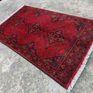 Afghan Vintage rug 2'6x4'5 ft Hand-knotted High Pile Soft Wool Carpet Khal Muhammadi Area rug, Antique Turkmen Bukhara Red rug, Oriental Rug image 7