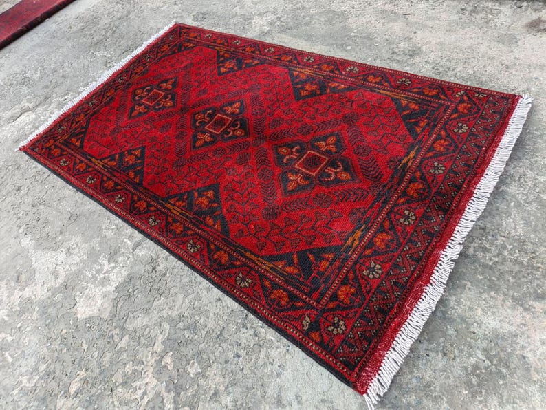 Afghan Vintage rug 2'6x4'5 ft Hand-knotted High Pile Soft Wool Carpet Khal Muhammadi Area rug, Antique Turkmen Bukhara Red rug, Oriental Rug image 7