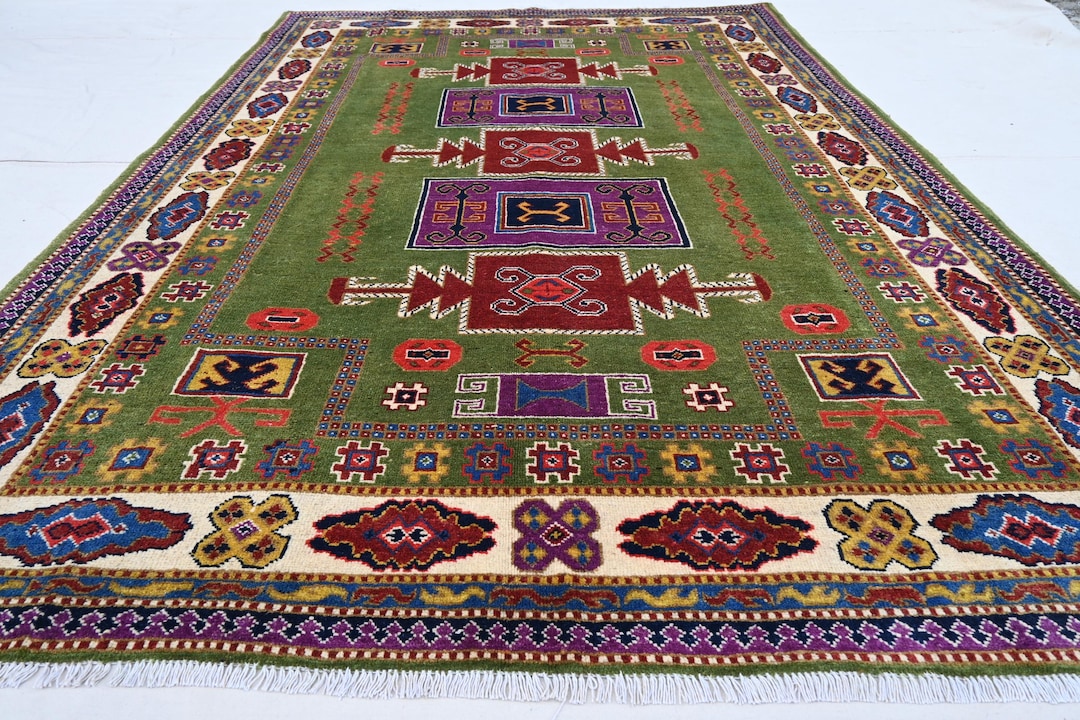 6x7 Rug Green Geometric Rug 6x7 High Pile Kazak Rug, Afghan Handmade Wool Area ...