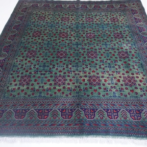8&#39;2x8&#39;9 ft Large Square Rug 8x9 Green Afghan Rug, Hand Knotted Wool Rug, Khal Muhammadi Vintage Rug, Bukhara Rug, Living Room, Oriental Rug