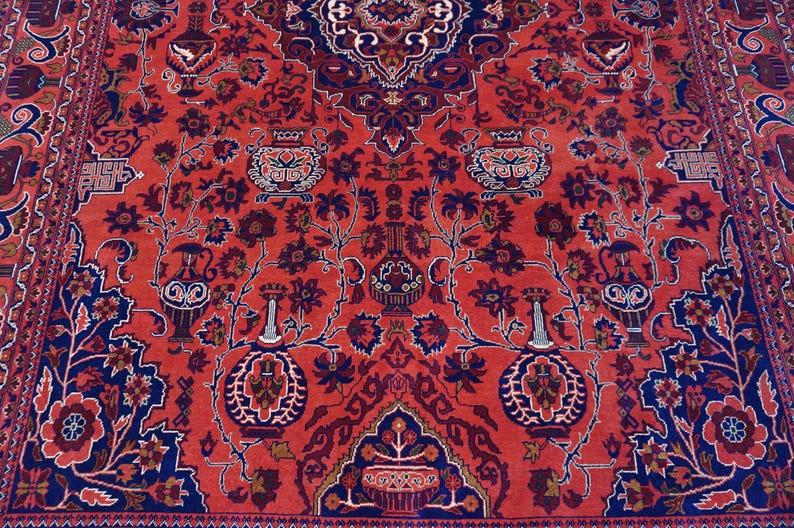 13x9 ft Large Afghan Rug, Hand Knotted Zer Khaki Geometric Bukhara Rug, Oriental Turkmen Tribal Rug, Red Living room Rug Dining Table Carpet Bild 9