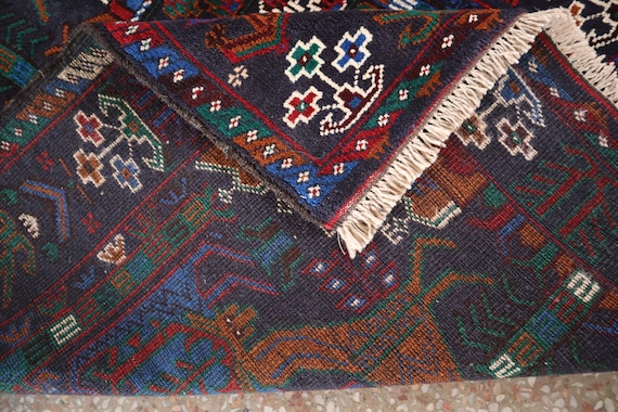 Pictorial Vintage Rug 4x6'4 Navy Blue Hand-Knotted Afghan Wool Rug/ Tribal Baluchi Area Rug/ Kids room Rug/ Persian Antique Pictorial Carpet