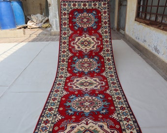 10 ft Red Kazak Runner  Rug, Afghan Natural Veg dyes Handmade Wool Oriental Rug, Geometric Design, Rug for Hallway Kitchen Entry way Runner