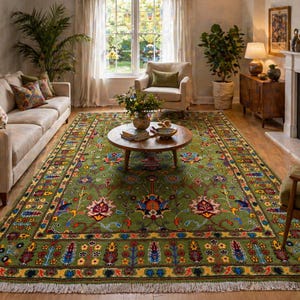 8x10 Large Green Rug, Turkish Bijdar Rug Handmade Wool Rug, Floral Turkish Oushak Rug, Living Room Rug, Fern Green Rug 5'7x7'7 ft Modern Rug