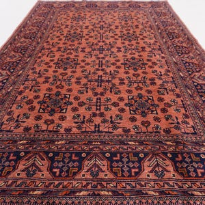 5x7 Terracotta Rug, Afghan Handmade Wool Rug, Turkmen Tribal Bukhara Rug, Vintage Pattern Oriental Rug, Kitchen, Bedroom, High Pile Soft Rug