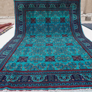 7x10 Rich Turquoise Rug, Afghan Bukhara Rug, Hand Knotted Wool Rug, Turkmen Tribal Fine Area Rug, 200x300 cm Oriental Soft Rug, Bedroom Rug