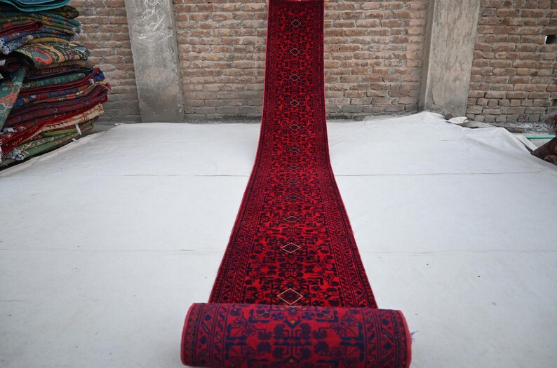 2x20 Runner Rug, Afghan Red Bukhara Rug, Handmade Wool Rug, Turkmen 20