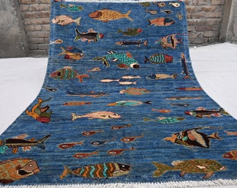4x6 ft Blue Fishes Rug, Colorful Premium Hand Knotted Modern Pictorial Rug, Natural Veg dye Wool Rug, Afghan Inspired Brand New Home decor