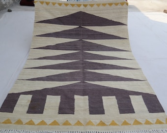 4'4x6'2 Afghan Kilim Rug, Handmade Wool Flatweave, Vegetable dyes Turkmen Oriental Rug, Living room Rug Bedroom Rug, Dark Gray White Yellow