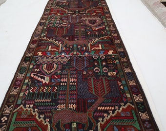 Vintage Pictorial Runner Rug 3'2x9'3 Afghan Navy Blue Baluchi Rug