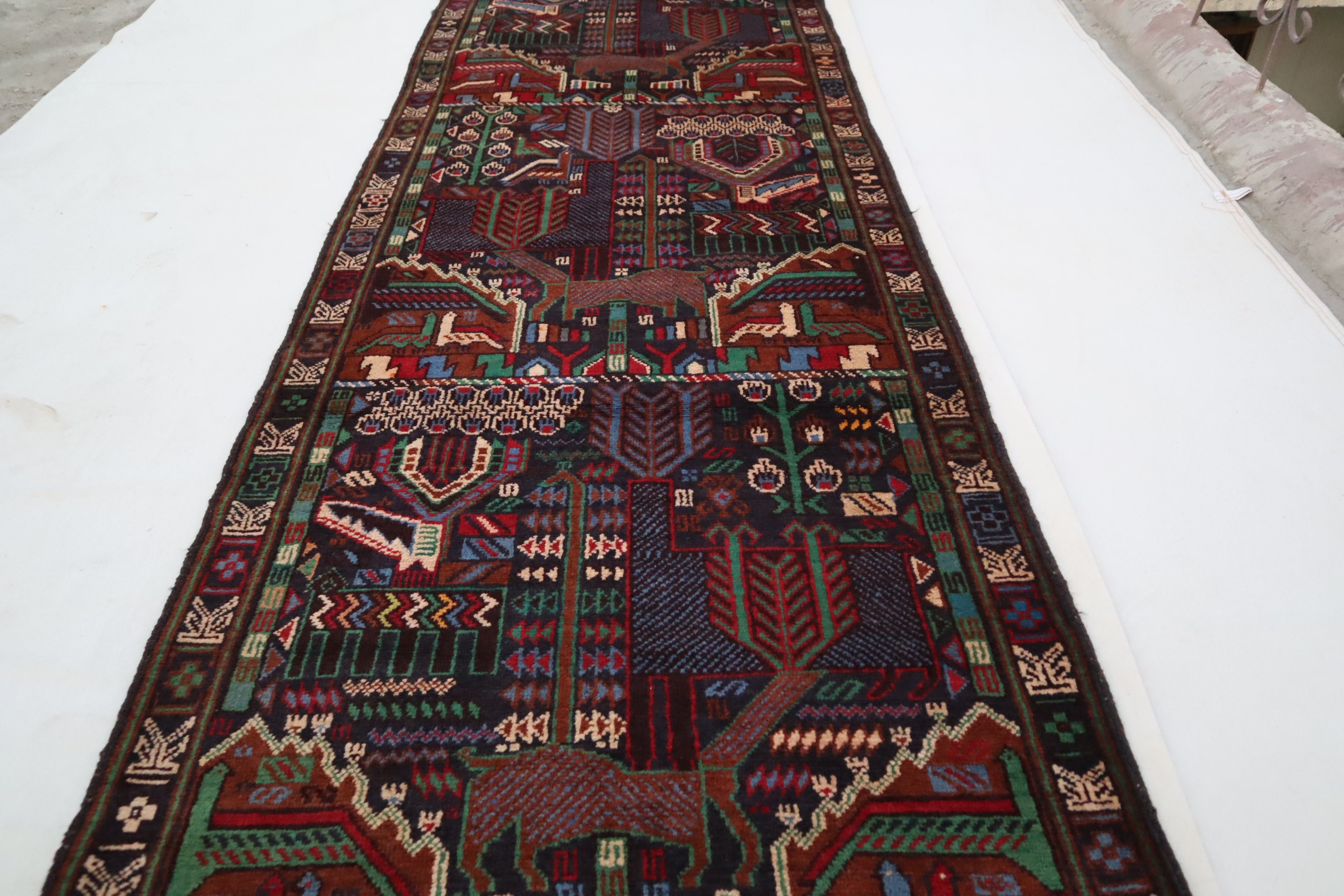 Vintage Pictorial Runner Rug 3'2x9'3 Afghan Navy Blue Baluchi Rug