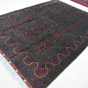 6x8 Dark Green Afghan Rug, Hand Knotted Wool Rug, Khal Muhammadi Bukhara Rug Stunning Turkmen Tribal Area Rug, Vintage Oriental Nomadic rug
