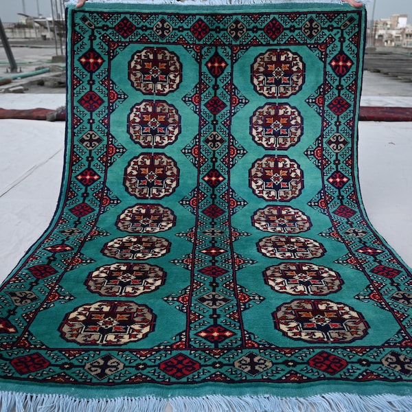 Turquoise Ahal Gull Bukhara Rug 5'1x3'4 ft Top Quality Afghan Handmade Wool Area Rug, Oriental Turkmen Tribal Bedroom Rug Kitchen Rug 3x5