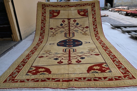 Afghan Handmade Rug 5x8 Beige Geometric Rug, Turkmen Khotan Rug, Fine Wool Rug Oriental Vintage rug, Rug for Bedroom Rug for Living Room rug