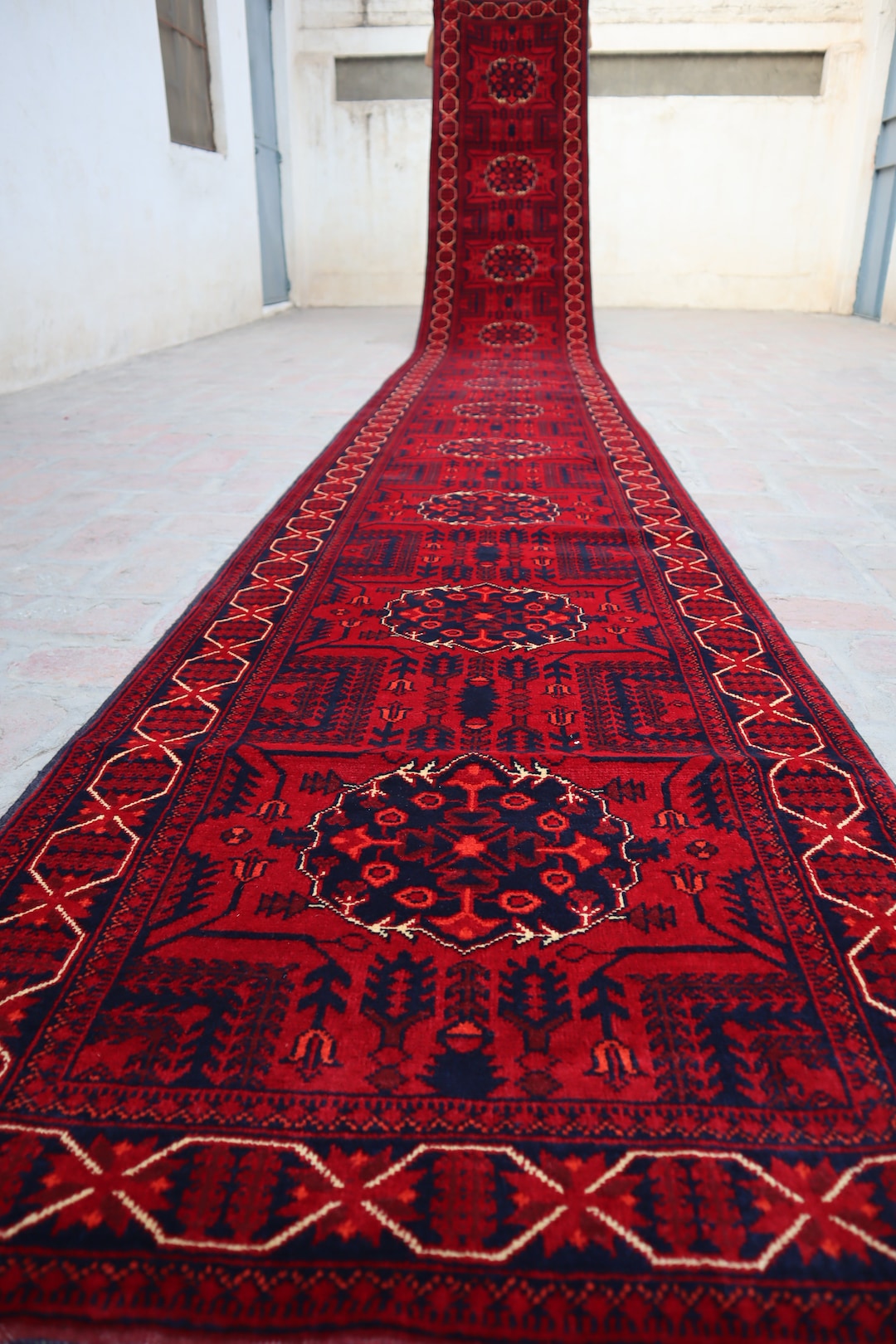 33 Ft Extra Long Runner Rug, Afghan Handmade Wool Turkmen Wheat Design