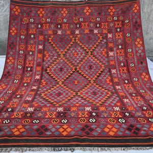 7x8&#39;5&quot; Terracotta Afghan Vintage Rug, Handmade Wool Rug, 1930s Antique Faded Turkmen Flatweave Kilim Rug, Rugs For Living Room, Dining Table