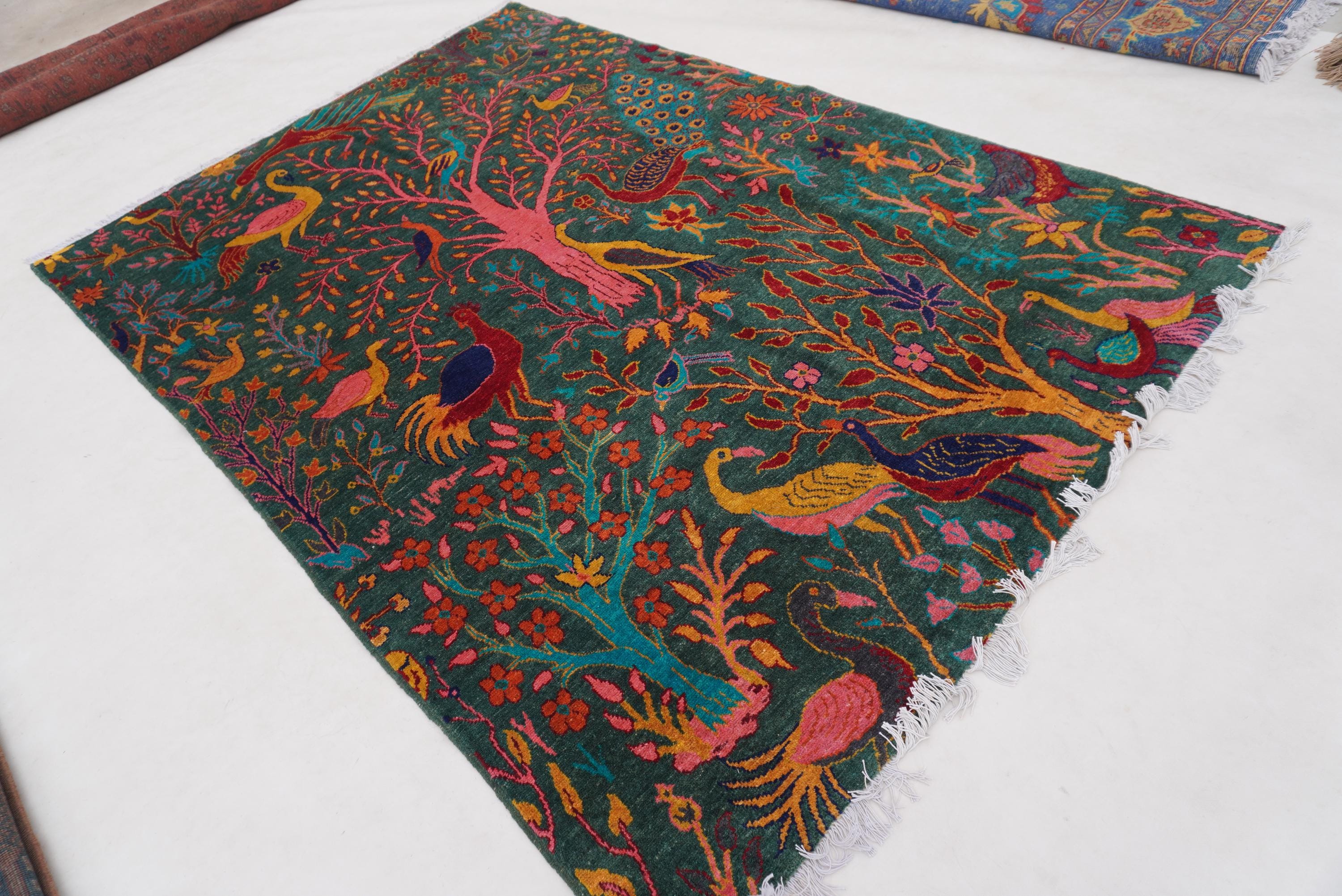 Green Pictorial Rug, Afghan Custom Rug, Hand Knotted Fine Wool Rug ...