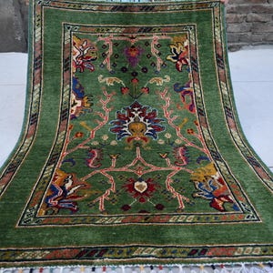 Green Bijdar Rug 3x4 Turkish Sultani Area Rug, Handmade Wool Rug Oriental Rug, Guestroom, Office, Kitchen Rug Bedroom Rug 85x120 cm Area Rug