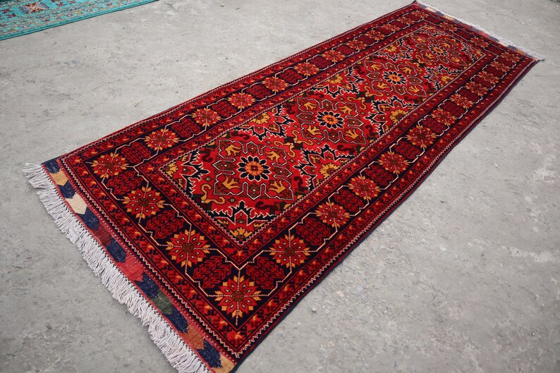 8 Ft Afghan Runner Rug, Chinar Gull Design Turkmen Handmade High