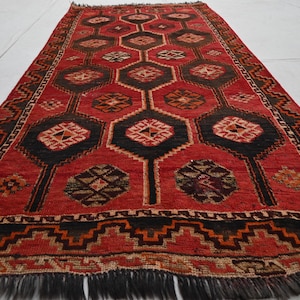 4x8 Afghan Vintage Rug, Afghan Handmade Wool Rug, Caucasian design Geometric Rug, 1940s Antique Low Pile Rug, Oriental Red Rug, Tribal Rug