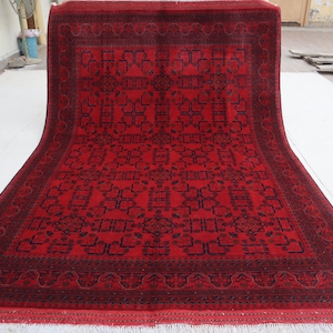 6x8 ft Large Afghan Rug, Hand Knotted Khal Muhammadi Bukhara Rug, Oriental Turkmen Tribal Rug, Red Living room Rug, Dining Table Carpet