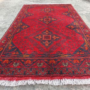 Afghan Vintage rug 2'6x4'5 ft Hand-knotted High Pile Soft Wool Carpet Khal Muhammadi Area rug, Antique Turkmen Bukhara Red rug, Oriental Rug image 2