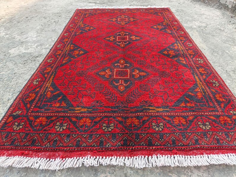 Afghan Vintage rug 2'6x4'5 ft Hand-knotted High Pile Soft Wool Carpet Khal Muhammadi Area rug, Antique Turkmen Bukhara Red rug, Oriental Rug image 2