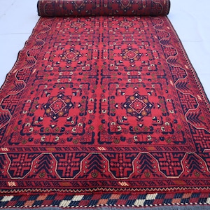 3&#39;3x9&#39;5 Runner Rug, Red Khal Muhammadi design Bukhara Rug, Fine Handmade Wool Rug, High Pile Soft Oriental Rug 10 ft Wide Hallway Runner Rug