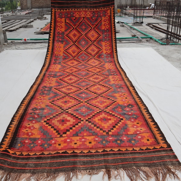 Antique Faded Rug 5x15 Afghan Kilim Wide Runner Rug, Vintage Handmade Wool Rug, Geometric Flatweave Oriental Rug, Hallway Runner, Tribal Rug