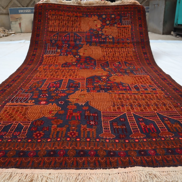 4x7 ft Vintage Pictorial rug, Afghan Handmade Wool Area Rug, High Pile Soft rug, Turkmen Tribal Rug, Oriental Rug, Collectors Piece Rug