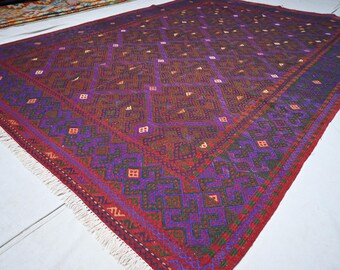 7x10 Purple Antique Rug, Geometric Flatweave Kilim Rug Afghan Handmade Wool Rug Oriental Turkmen Nomadic Rug, Rug for Living Room 210x300 cm