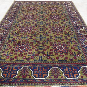 Afghan Custom Rugs, 4x6 5x7 6x8 7x7 7x10 8x10 9x12 10x13 Rich Fern Green Bukhara Rug, Turkmen Tribal Handmade Wool Rug, Oriental Vintage Rug
