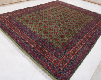8x10 Rich Vivid Green Rug, Modern Famous Mowri Rug, Turkmen Handmade Wool Oriental Rug, Traditional Area Rug, Rug for Bedroom Office 250x300