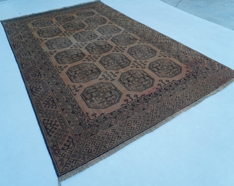 Afghan Tekke Ersari Rug 1920s Antique 8'8x5'7 Handmade Wool Rug, Low Pile Distressed Faded rug Muted Terracotta Rug, Turkmen Tribal Area Rug