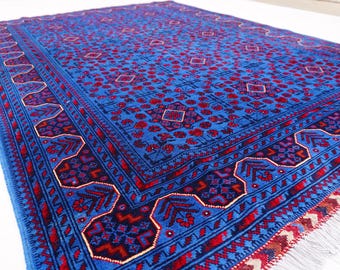 Handmade Custom Rugs Rich Blue Afghan Tribal Vintage Pattern Bukhara Rug, Oriental Soft Wool Rug, Bedroom Rug 4x6 5x7 6x8 7x7 7x10 8x10 9x12