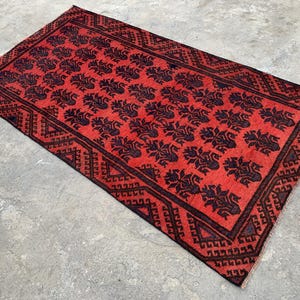 Afghan Vintage Rug 4&#39;1x7&#39;5 ft Handmade Rug, Turkmen Tribal Geometric Baluchi Rug, Soft Wool rug, Oriental Rug, Red Black 1960s Antique Rug