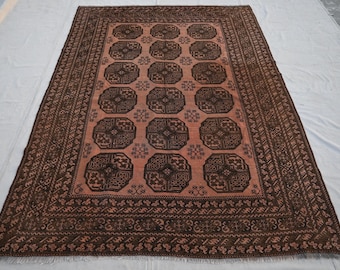 1920er Antiker Teppich 2 x 2,2 m Wollteppich, Afghan Tekke Ersari Teppich, Terrakotta Teppich, Kurzflor Teppich, Turkmenischer Teppich für Wohnzimmer