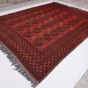 8x11 ft Large Area Afghan Rug, Handmade Low Pile Wool Rug, Orangish Terracotta Oriental Rug, Turkmen Tekke Ersari Rug, Authentic Bedroom rug