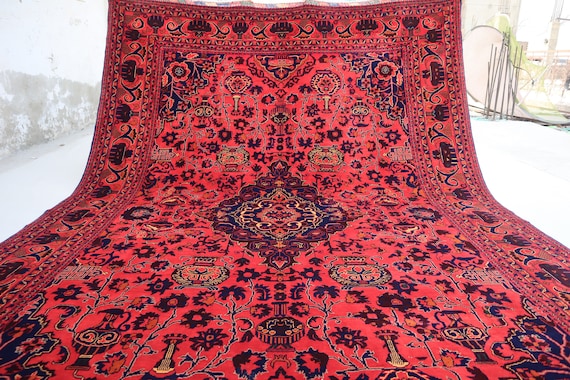 8x12 ft Large Afghan Rug, Hand Knotted Zer Khaki Geometric Bukhara Rug, Oriental Turkmen Tribal Rug, Red Living room Rug Dining Table Carpet