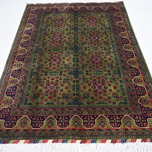 5x7 Green Afghan Rug, Hand Knotted Wool Rug, Khal Muhammadi Bukhara Rug, Stunning Turkmen Tribal Area Rug, Vintage Oriental Rug, Nomadic rug
