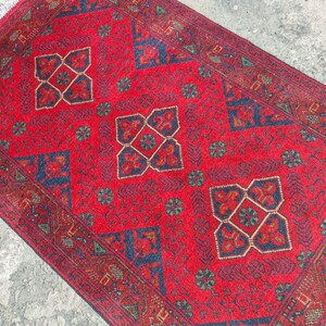 Afghan Vintage rug 2'6x4'5 ft Hand-knotted High Pile Soft Wool Carpet Khal Muhammadi Area rug, Antique Turkmen Bukhara Red rug, Oriental Rug image 3